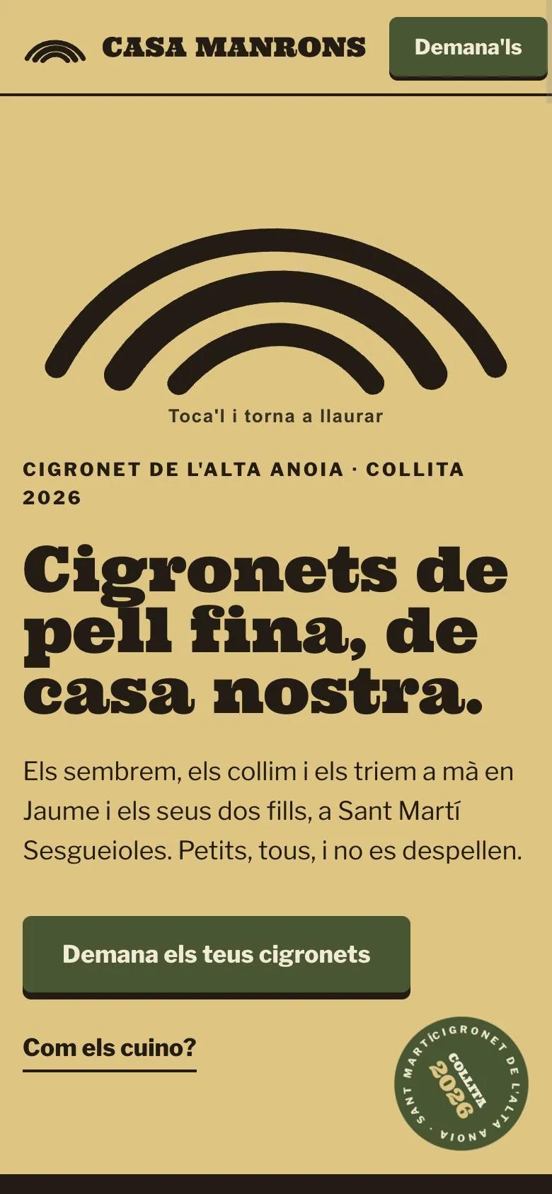 La página de Casa Manrons en el móvil: «Cigronets de pell fina, de casa nostra.»